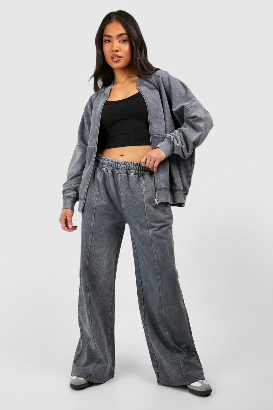 Petite Washed Zip Through Bomber Straight Leg Tracksuit