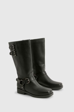 Textured Leather Look Biker Buckle Detail Boots