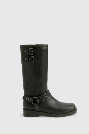 Textured Leather Look Biker Buckle Detail Boots