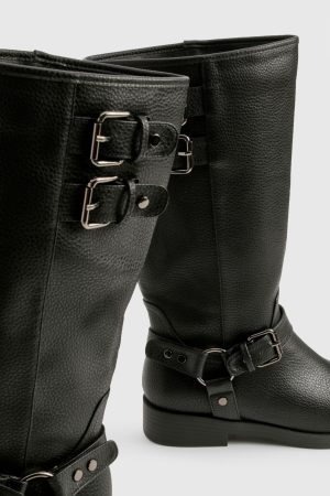 Textured Leather Look Biker Buckle Detail Boots