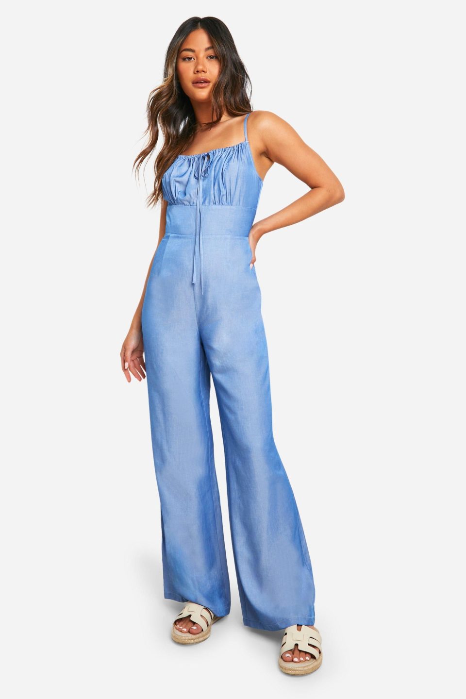 Chambray Keyhole Detail Wide Leg Jumpsuit