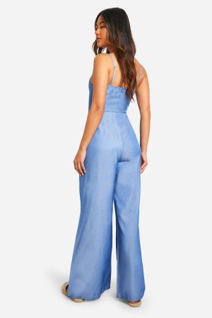 Chambray Keyhole Detail Wide Leg Jumpsuit