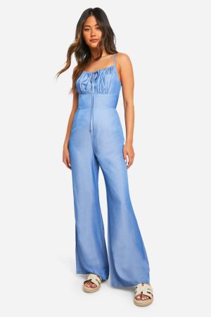 Chambray Keyhole Detail Wide Leg Jumpsuit