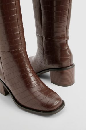 Wide Fit Croc  Block Knee High Boots