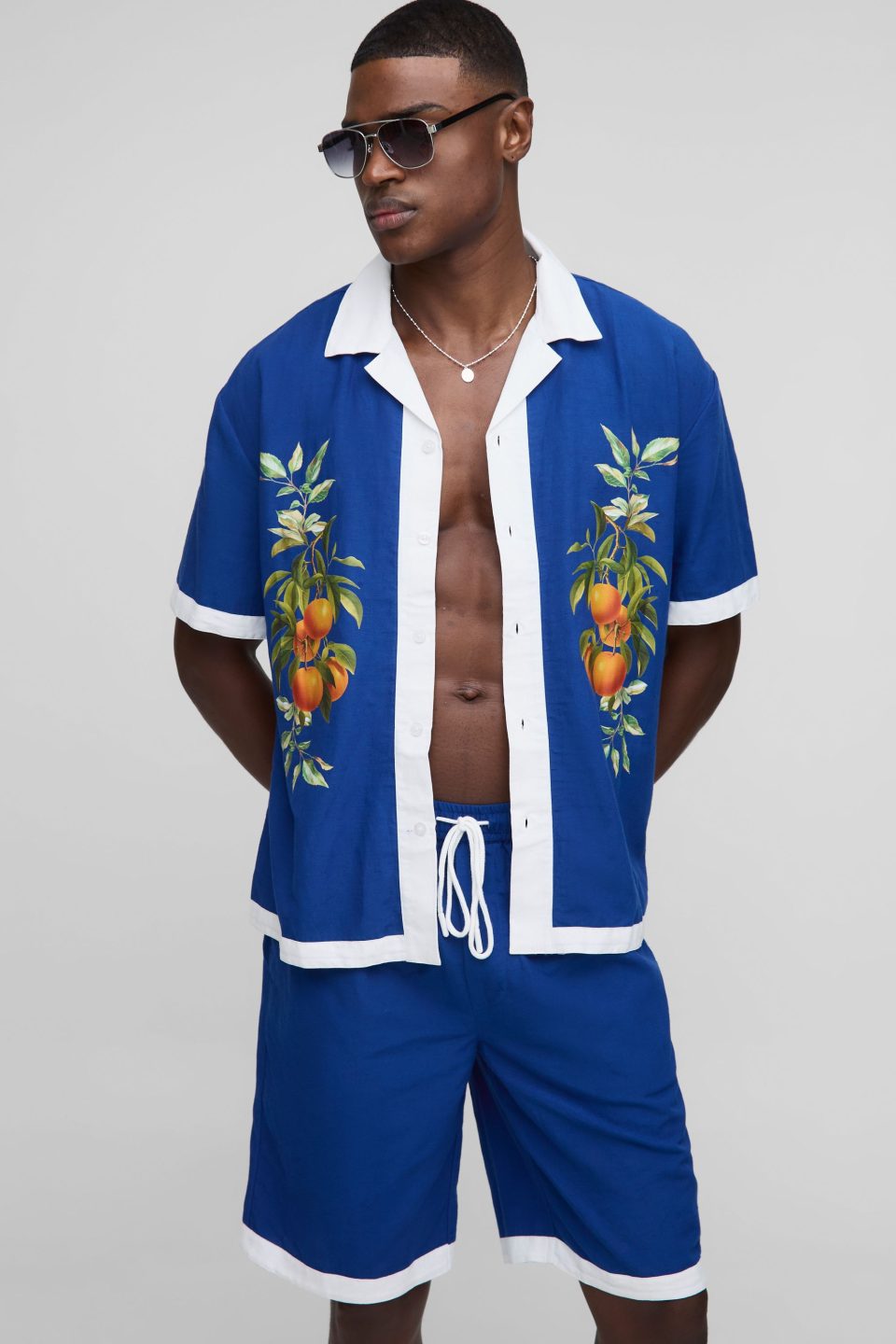 Oversized Orange Graphic Linen Blend Shirt & Relaxed Short Set