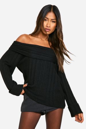 Rib Neckline Bardot Longline Jumper