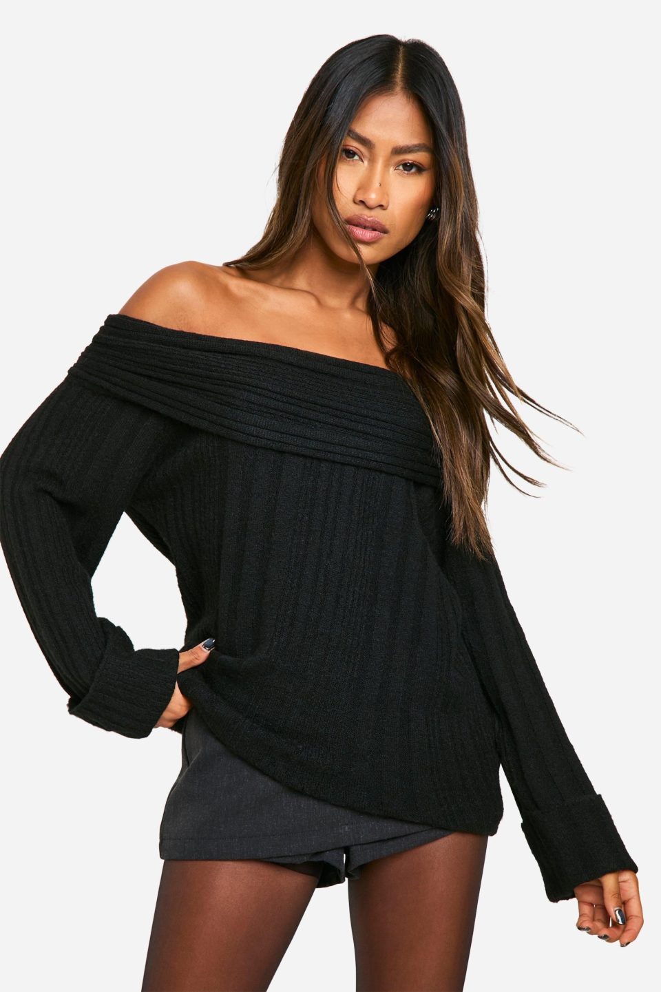 Rib Neckline Bardot Longline Jumper