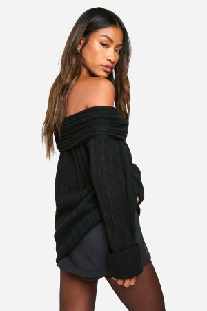 Rib Neckline Bardot Longline Jumper