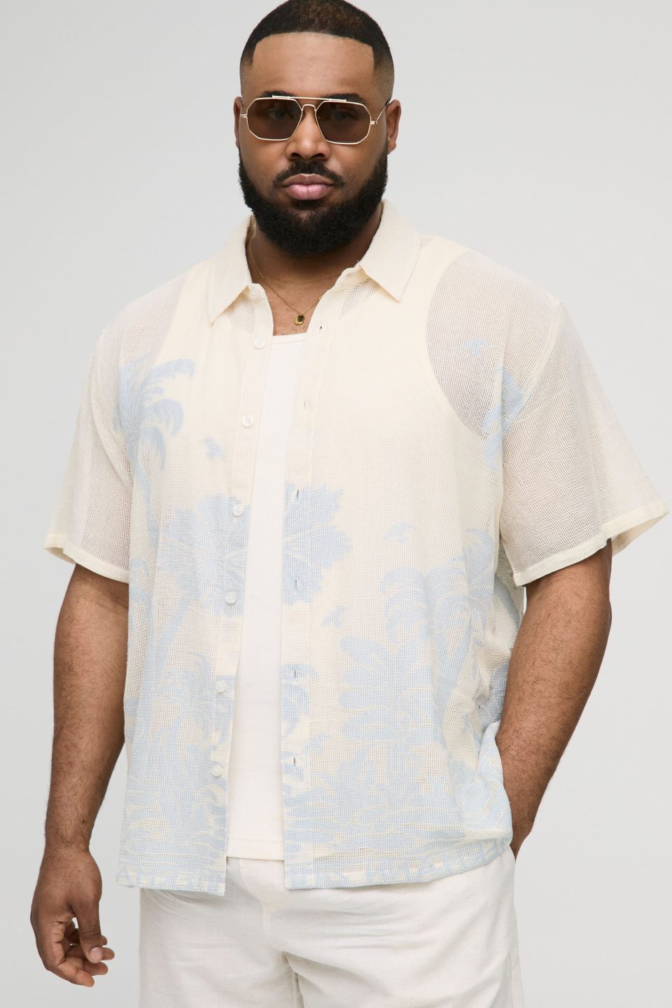 Plus Oversized Crochet Palm Tree Jacquard Shirt