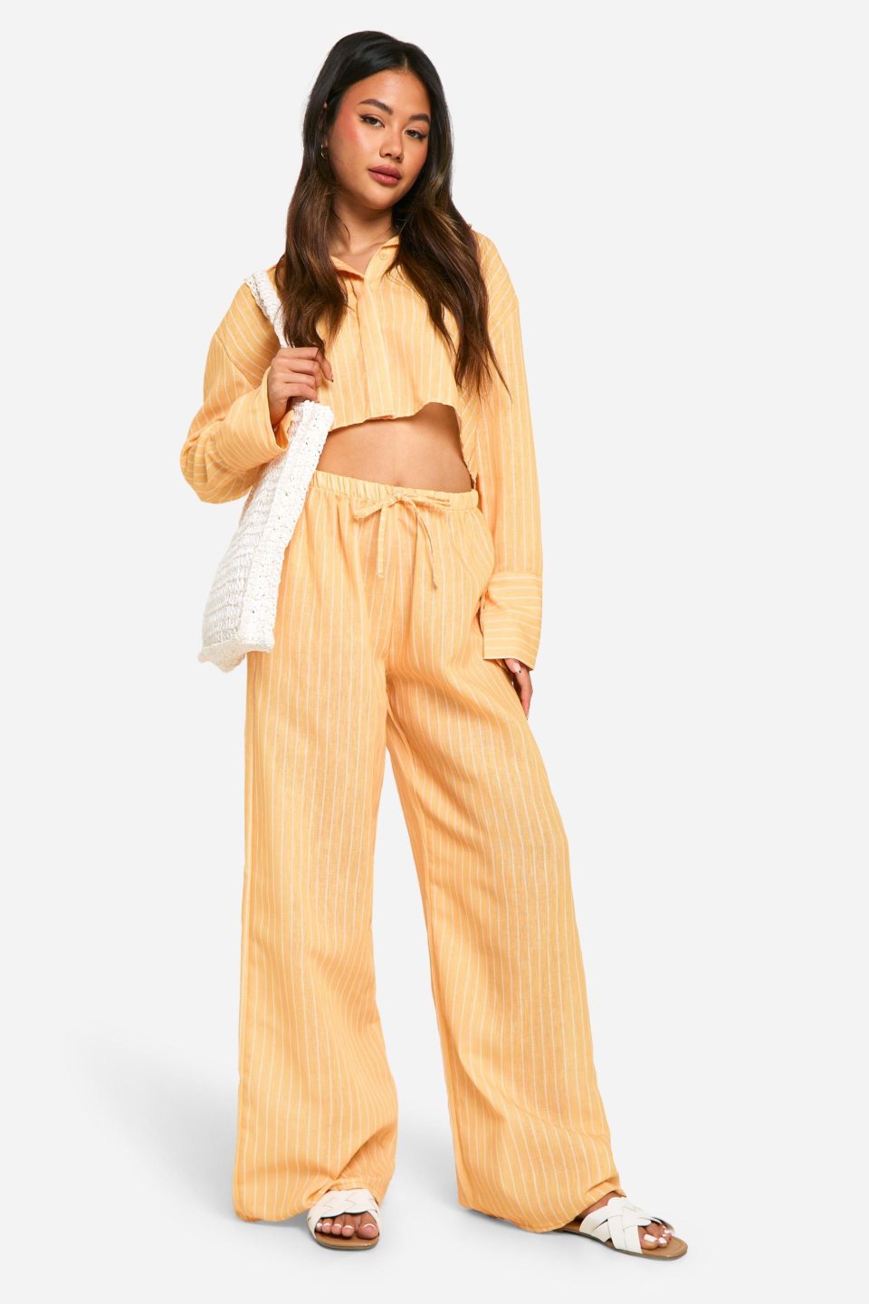 Linen Look Stripe Cropped Shirt & Wide Leg Trousers