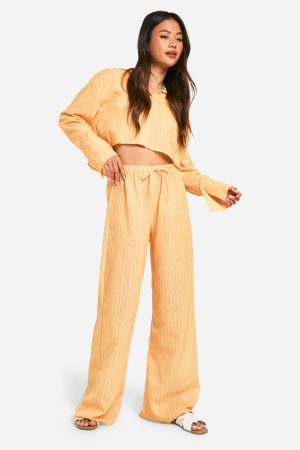 Linen Look Stripe Cropped Shirt & Wide Leg Trousers