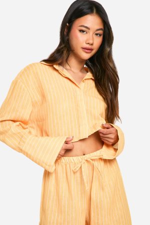 Linen Look Stripe Cropped Shirt & Wide Leg Trousers