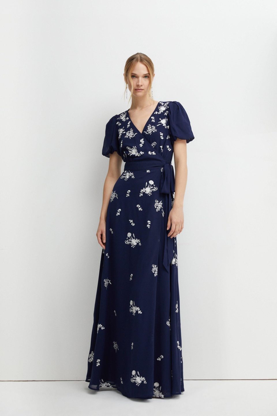 Placement Embroidery Puff Sleeve Bridesmaids Maxi Dress
