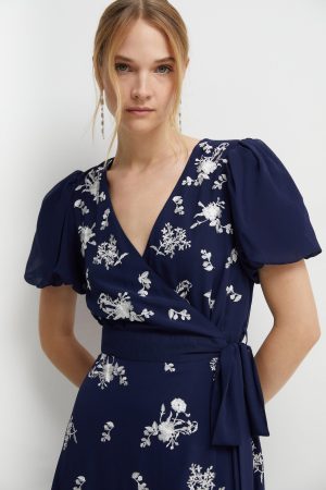 Placement Embroidery Puff Sleeve Bridesmaids Maxi Dress