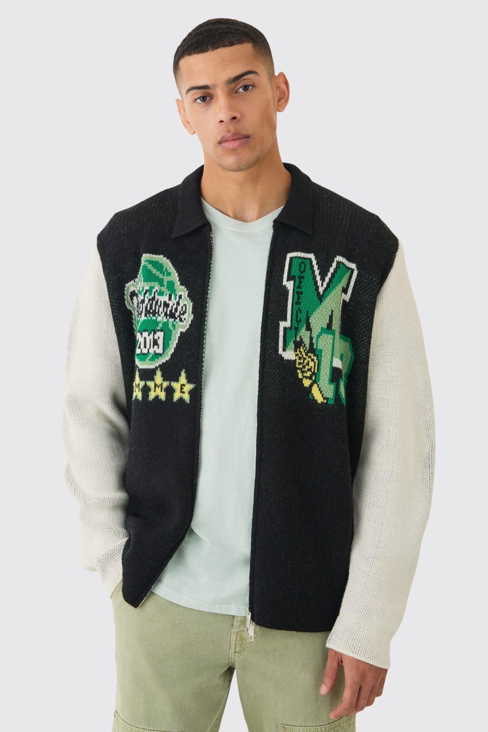 Oversized Varsity Knitted Harrington Jacket In Black