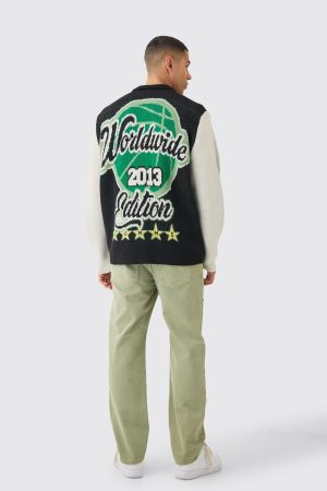 Oversized Varsity Knitted Harrington Jacket In Black