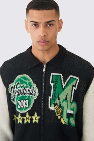 Oversized Varsity Knitted Harrington Jacket In Black