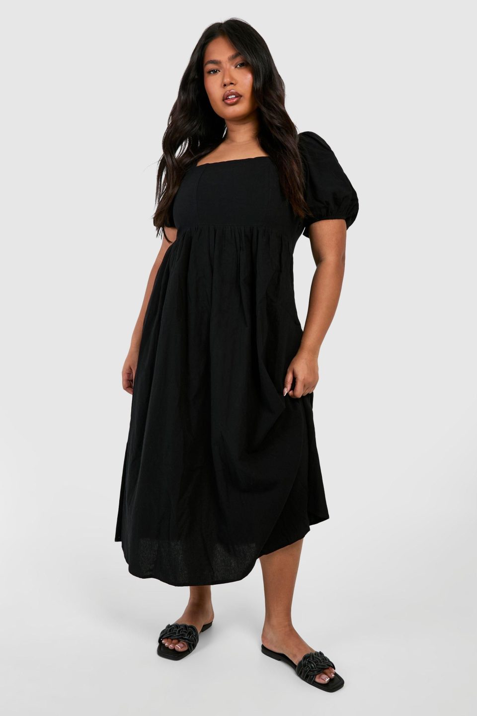 Plus Linen Look Puff Sleeve Midaxi Smock Dress