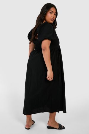 Plus Linen Look Puff Sleeve Midaxi Smock Dress