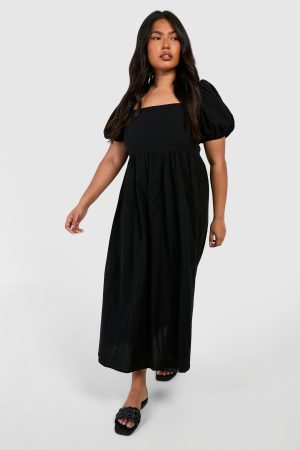 Plus Linen Look Puff Sleeve Midaxi Smock Dress