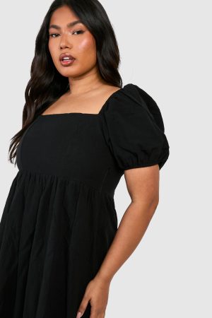 Plus Linen Look Puff Sleeve Midaxi Smock Dress