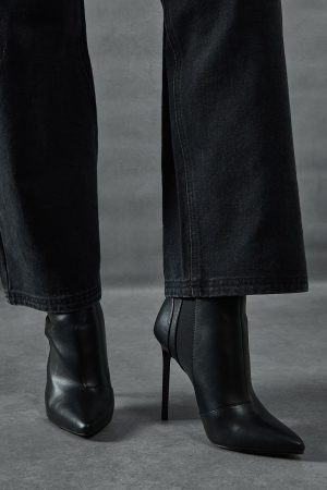 Leather Look Stiletto Heel Ankle Boots