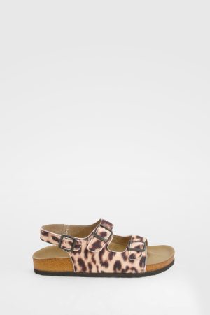Leopard Print Textile Double Strap Footbed Sandals