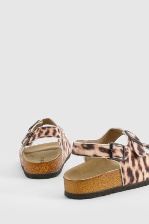 Leopard Print Textile Double Strap Footbed Sandals