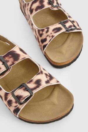 Leopard Print Textile Double Strap Footbed Sandals