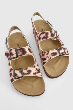Leopard Print Textile Double Strap Footbed Sandals