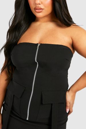 Plus Bandeau Zip Up Pocket Detail Top