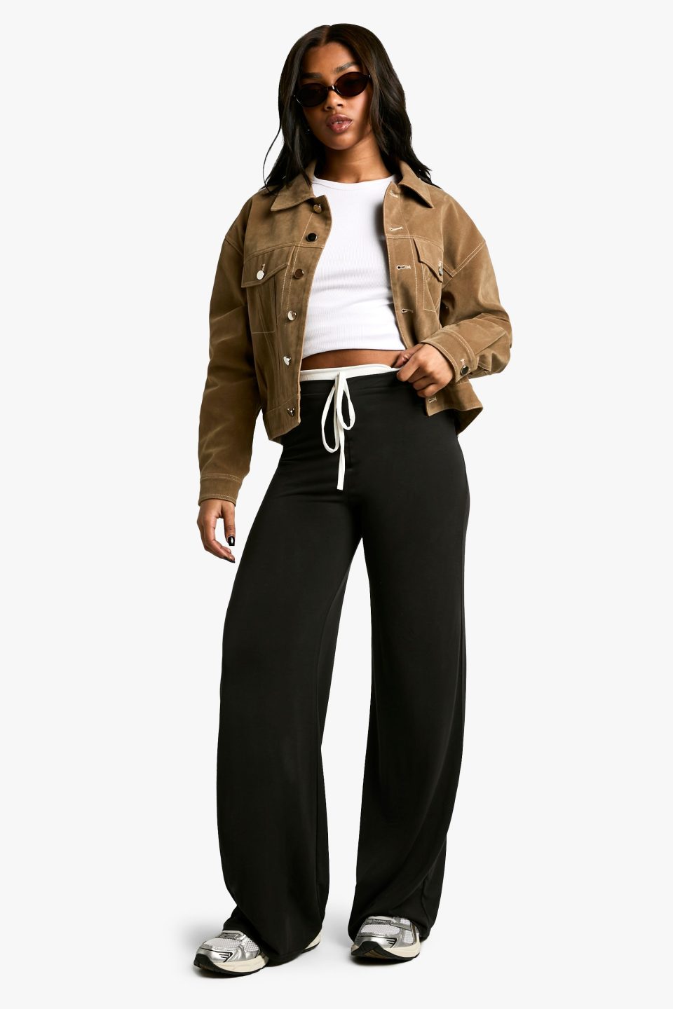 Peached Jersey exposed waistband wide leg trouser