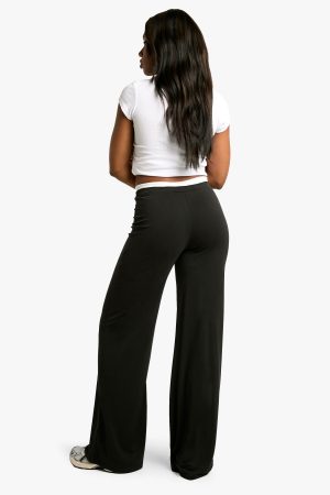 Peached Jersey exposed waistband wide leg trouser