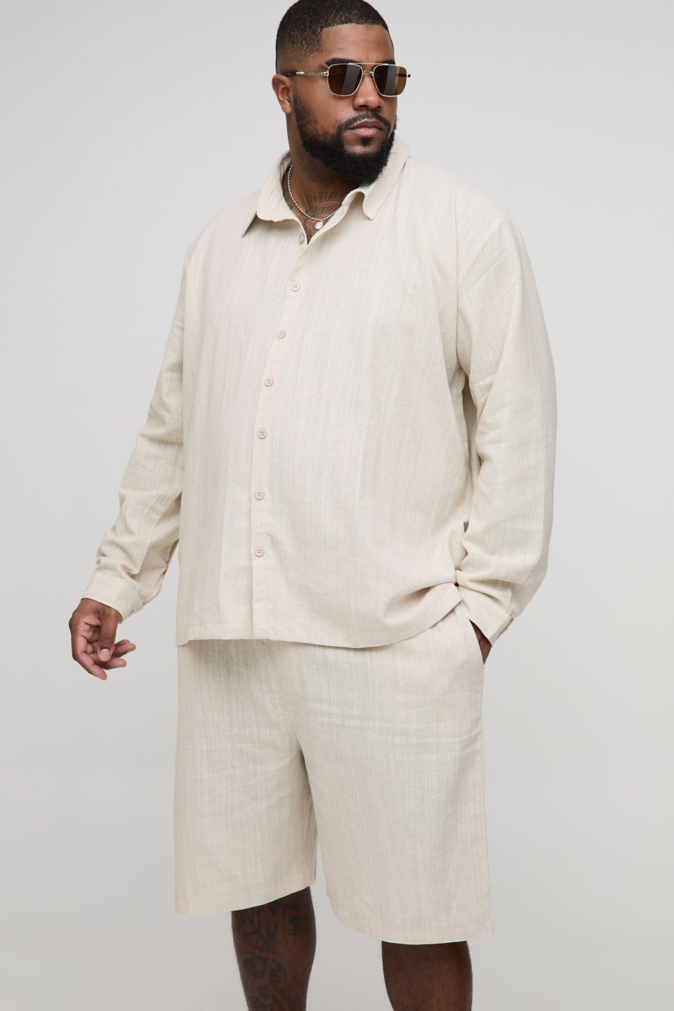 Plus Linen Oversized Shirt & Relaxed Short Set