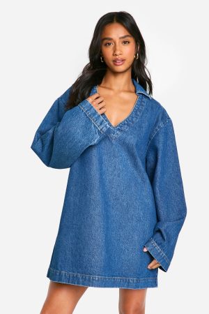 Petite Flare Sleeve Denim Shift Dress