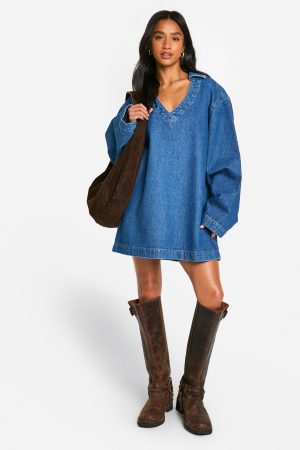 Petite Flare Sleeve Denim Shift Dress