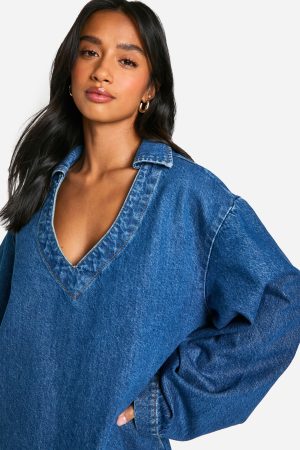Petite Flare Sleeve Denim Shift Dress