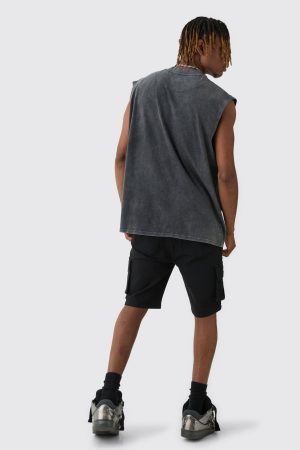 Tall Skinny Stretch Cargo Denim Shorts In Black