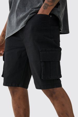 Tall Skinny Stretch Cargo Denim Shorts In Black