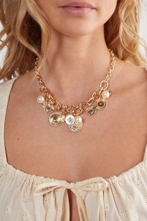 Coin And Pearl Charm Necklace