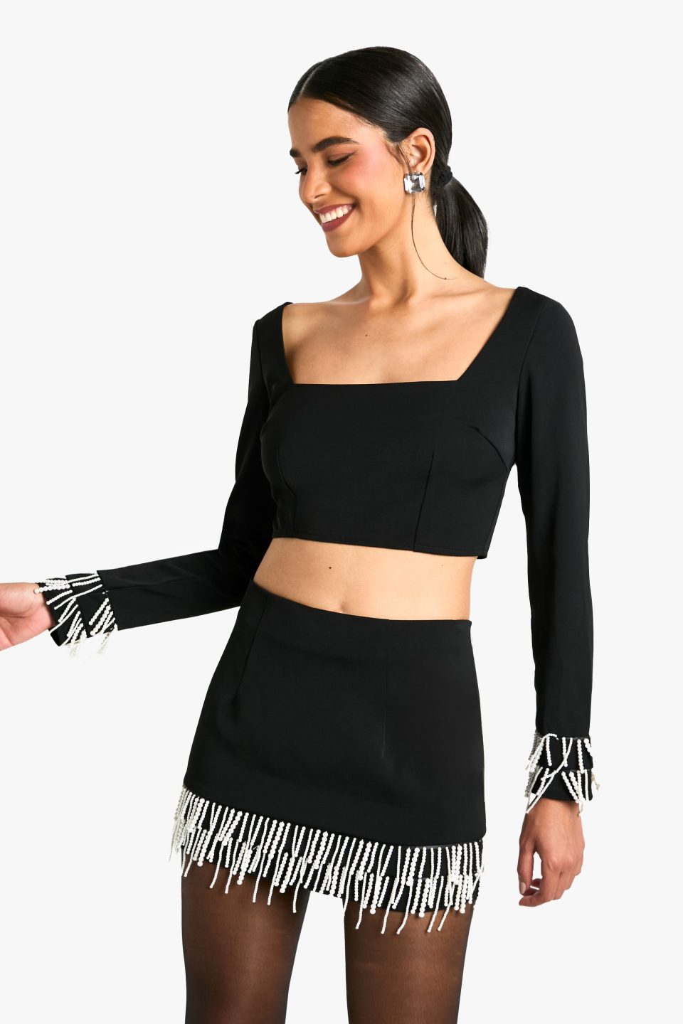 Pearl Trim Detail Square Neck Top