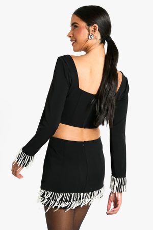 Pearl Trim Detail Square Neck Top