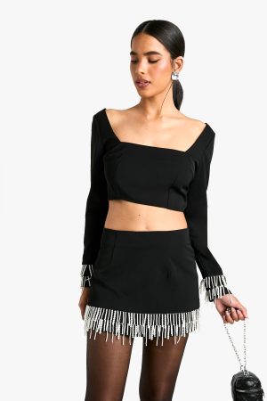 Pearl Trim Detail Square Neck Top