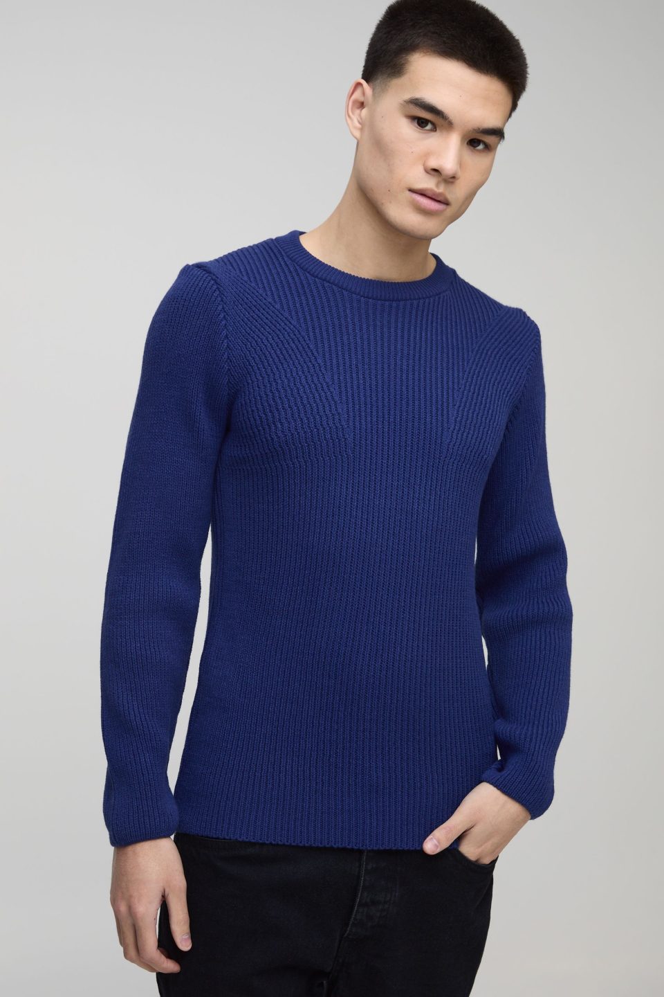 Regular Fit Crew Neck Ribbed Panelled Knitted Jumper