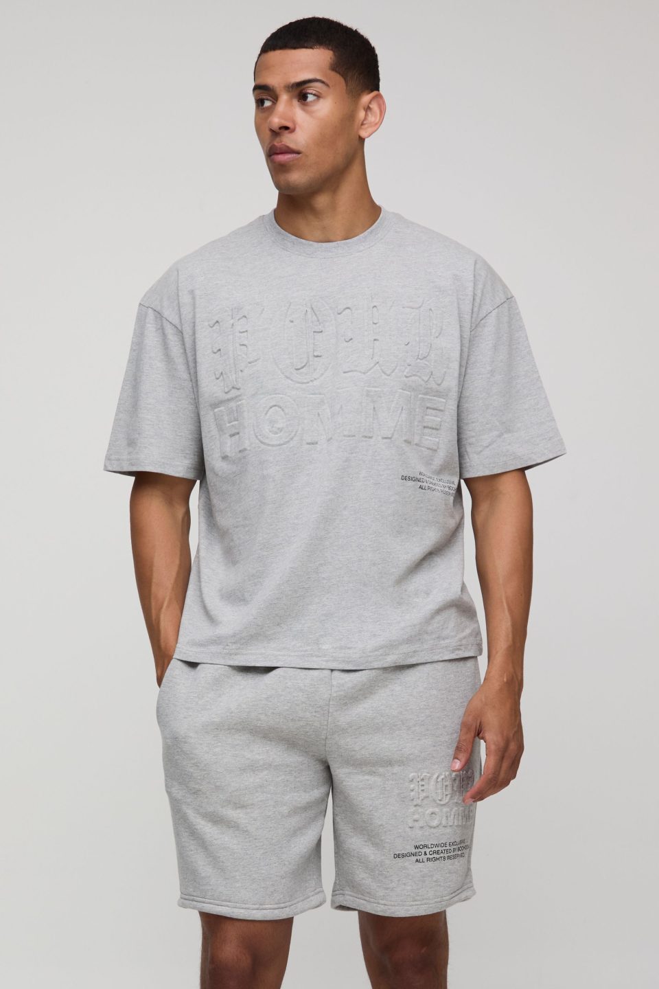 Oversized Boxy Homme Printed Embossed T-Shirt & Short Set