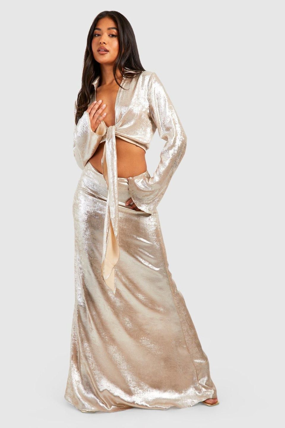 Petite Metallic Bias Cut Maxi Skirt