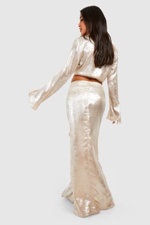 Petite Metallic Bias Cut Maxi Skirt