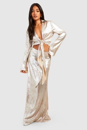 Petite Metallic Bias Cut Maxi Skirt