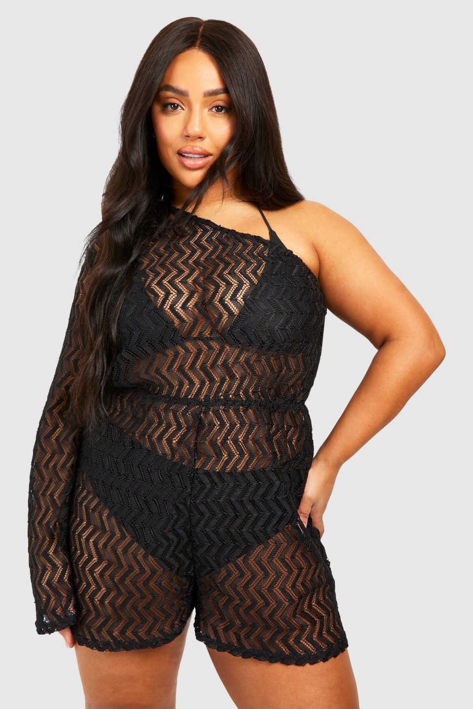 Plus Jersey Knitted One Shoulder Beach Playsuit
