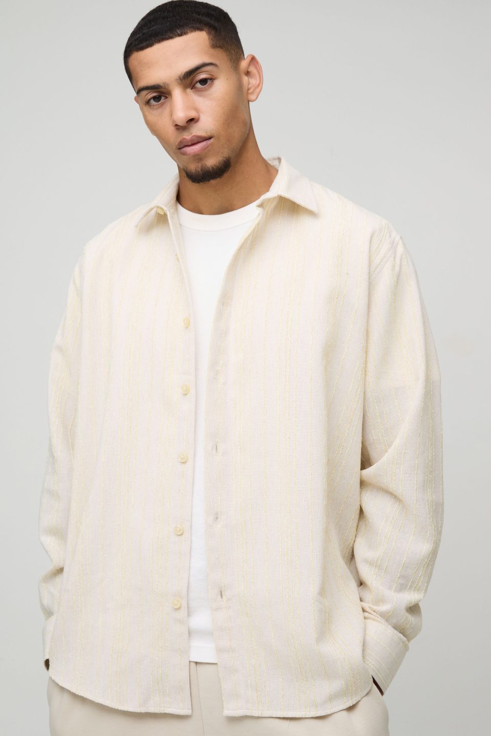 Super Oversized Linen Look Embroidery Striped Collared Shirt